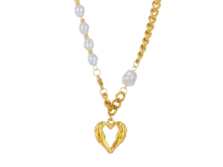 Γυναικείο Κολιέ Καρδιά με Πέρλες από Ατσάλι Επιχρυσωμένο