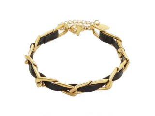 Γυναικείο Βραχιόλι Αλυσίδα με Δερμάτινο Λουράκι Επιχρυσωμένο 18K