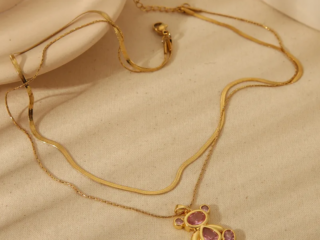 Γυναικείο Κολιέ Διπλή Αλυσίδα Αρκουδάκι Ατσάλινο 18Κ Zircon