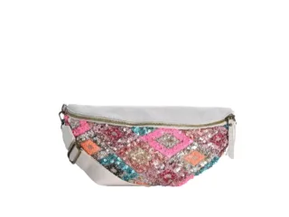 Γυναικείο Τσαντάκι Μέσης Χιαστί Λευκό με Πολύχρωμες Παγιέτες