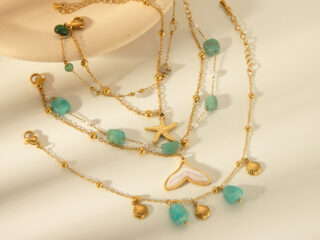 Γυναικείο Βραχιόλι Shell από Ανοξείδωτο Ατσάλι Επιχρυσωμένο 18Κ με Τιρκουάζ Φυσικές Πέτρες