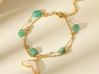 Γυναικείο Βραχιόλι Fish Tail από Ανοξείδωτο Ατσάλι Επιχρυσωμένο 18Κ με Τιρκουάζ Φυσικές Πέτρες