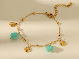 Γυναικείο Βραχιόλι Shell από Ανοξείδωτο Ατσάλι Επιχρυσωμένο 18Κ με Τιρκουάζ Φυσικές Πέτρες