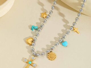 Γυναικείο Κολιέ Silver Cross με Charms από Ανοξείδωτο Ατσάλι Επιχρυσωμένο 18K