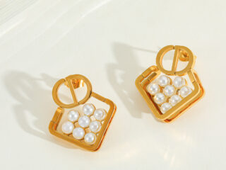 Γυναικεία Σκουλαρίκια Ρόμβος με Πέρλες από Ανοξείδωτο Ατσάλι Επιχρυσωμένα 18K