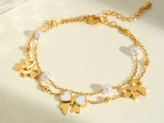 Γυναικείο Βραχιόλι Φιόγκος & Πέρλες από Ανοξείδωτο Ατσάλι Επιχρυσωμένο 18Κ