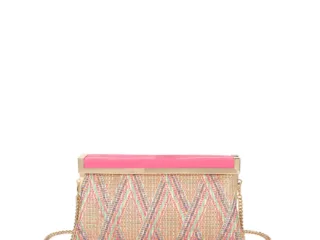Γυναικείο Τσαντάκι Raffia Ροζ Cluch με Χρυσή Αλυσίδα