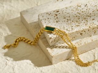 Γυναικείο Βραχιόλι Διπλή Αλυσίδα από Ατσάλι Τιτανίου με Πράσινο Zircon