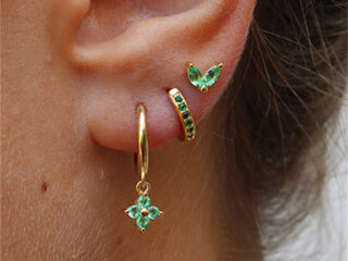 Γυναικεία Σκουλαρίκια Σετ Clover από Ανοξείδωτο Ατσάλι Επιχρυσωμένα 18Κ με Zircon Πράσινα