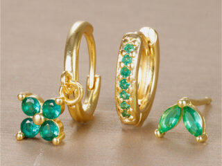 Γυναικεία Σκουλαρίκια Σετ Clover από Ανοξείδωτο Ατσάλι Επιχρυσωμένα 18Κ με Zircon Πράσινα