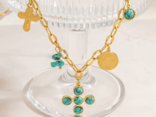 Γυναικείο Κολιέ Σταυρός Τιρκουάζ από Ανοξείδωτο Ατσάλι Επιχρυσωμένο 18K