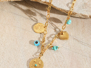 Γυναικείο Κολιέ Φυλαχτό Ματάκι Τιρκουάζ από Ανοξείδωτο Ατσάλι Επιχρυσωμένο 18K