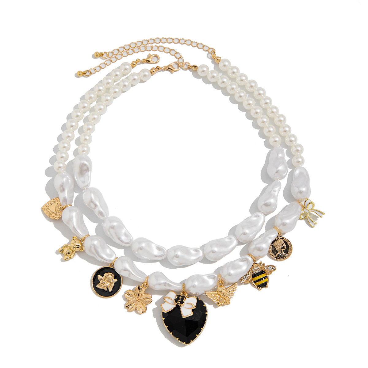 Γυναικείο Κολιέ Statement Black Heart με Διπλή Σειρά Πέρλες και Charms Γυναικείο Κολιέ Statement Black Heart με Διπλή Σειρά Πέρλες και Charms