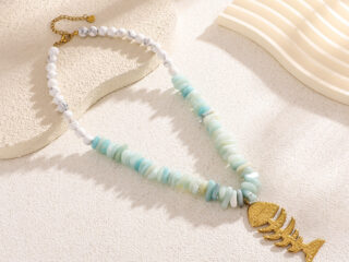 Γυναικείο Κολιέ Coastal Fishbone από Ανοξείδωτο Ατσάλι με Φυσικές Πέτρες