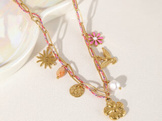 Γυναικείο Κολιέ Pink Flower από Ανοξείδωτο Ατσάλι σε Πολύχρωμο Κορδόνι και Αλυσίδα