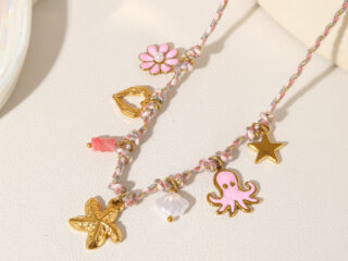 Γυναικείο Κολιέ Pink Octopus από Ανοξείδωτο Ατσάλι σε Πολύχρωμο Κορδόνι