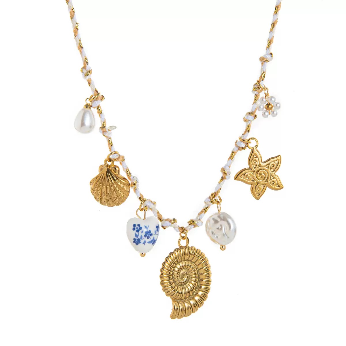 Γυναικείο Κολιέ Boho Shells & Charms από Ανοξείδωτο Ατσάλι σε Λευκό Χρυσό Κορδόνι Γυναικείο Κολιέ Boho Shells & Charms από Ανοξείδωτο Ατσάλι σε Λευκό Χρυσό Κορδόνι