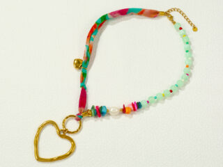Γυναικείο Κολιέ Heart από Ανοξείδωτο Ατσάλι σε Colorful Μαντήλι με Πράσινες Χάντρες