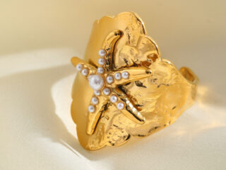 Γυναικείο Δαχτυλίδι Αστερίας με Πέρλες από Ανοξείδωτο Ατσάλι Επιχρυσωμένο 18Κ Ανοιχτού Τύπου