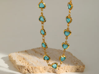 Γυναικείο Κολιέ Colorful Hearts από Ανοξείδωτο Ατσάλι Επιχρυσωμένο 18Κ με Zircon Γαλάζιο