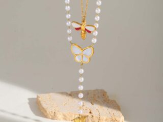 Γυναικείο Κολιέ White Butterfly από Ανοξείδωτο Ατσάλι Επιχρυσωμένο 18K με Πέρλες