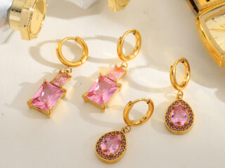 Γυναικεία Σκουλαρίκια Ροζ Δάκρυ από Ανοξείδωτο Ατσάλι Επιχρυσωμένα 18Κ με Zircon