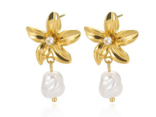Γυναικεία Σκουλαρίκια White Flower από Ανοξείδωτο Ατσάλι Επιχρυσωμένα 18Κ με Zircon και Πέρλα