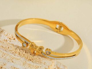 Γυναικείο Βραχιόλι Χειροπέδα Bow από Ανοξείδωτο Ατσάλι Επιχρυσωμένο 18Κ με Zircon