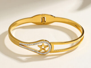Γυναικείο Βραχιόλι Χειροπέδα Star από Ανοξείδωτο Ατσάλι Επιχρυσωμένο 18Κ με Zircon