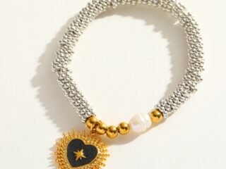 Γυναικείο Ελαστικό Βραχιόλι Midnight Love από Ανοξείδωτο Ατσάλι Επιχρυσωμένο 18Κ με Φυσική Πέρλα