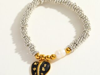 Γυναικείο Ελαστικό Βραχιόλι Black & Gold Desire από Ανοξείδωτο Ατσάλι Επιχρυσωμένο 18Κ με Φυσική Πέρλα