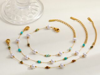 Γυναικείο Λεπτό Βραχιόλι Natural Stones από Ανοξείδωτο Ατσάλι Επιχρυσωμένο 18Κ με Πέρλες