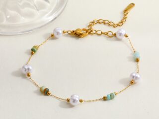 Γυναικείο Λεπτό Βραχιόλι Natural Stones από Ανοξείδωτο Ατσάλι Επιχρυσωμένο 18Κ με Πέρλες