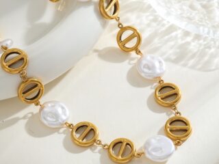 Γυναικείο Κολιέ Flat Pearl-Mariner Chain από Ανοξείδωτο Ατσάλι Επιχρυσωμένο 18K