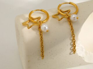 Γυναικεία Σκουλαρίκια Κρίκοι Star-Pearl από Ανοξείδωτο Ατσάλι Επιχρυσωμένα 18Κ