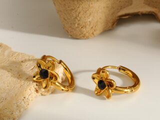 Γυναικεία Σκουλαρίκια Κρίκοι Crystal Daisy Hoops από Ανοξείδωτο Ατσάλι Επιχρυσωμένα 18Κ με Μαύρο Zircon