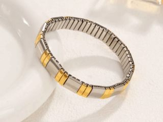 Γυναικείο Ελαστικό Βραχιόλι Dual Tone Stripes από Ανοξείδωτο Ατσάλι Ασημί με Χρυσές Κάθετες Γραμμές