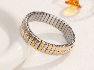 Γυναικείο Ελαστικό Βραχιόλι Dot & Glow από Ανοξείδωτο Ατσάλι Ασημί με Χρυσές Γραμμές και Zircon