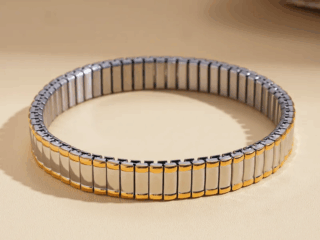 Γυναικείο Ελαστικό Βραχιόλι Silver Line από Ανοξείδωτο Ατσάλι Ασημί με Χρυσές Γραμμες