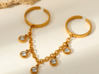 Γυναικείο Διπλό Δαχτυλίδι Chain Glam από Ανοξείδωτο Ατσάλι με Αλυσίδα και Στρας