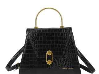 Γυναικεία Τσάντα Χειρός Κροκό Μαύρη με Χρυσό Χερούλι