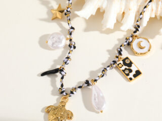 Γυναικείο Κολιέ Talisman Cord Necklace από Ανοξείδωτο Ατσάλι σε Ασπρόμαυρο Κορδόνι