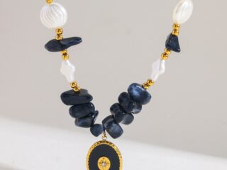 Γυναικείο Κολιέ Luna Noir Pearl & Onyx Style από Ανοξείδωτο Ατσάλι Επιχρυσωμένο 18Κ Pendant