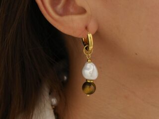 Γυναικεία Σκουλαρίκια Κρίκοι Gaia Tiger Stone & Pearl Collection από Ανοξείδωτο Ατσάλι