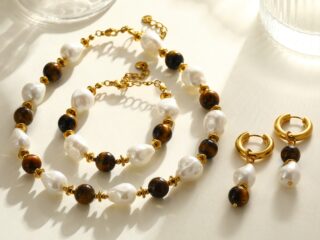 Γυναικείο Κολιέ Gaia Tiger Stone & Pearl Collection από Ανοξείδωτο Ατσάλι με Φυσικές Πέτρες