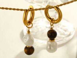 Γυναικεία Σκουλαρίκια Κρίκοι Gaia Tiger Stone & Pearl Collection από Ανοξείδωτο Ατσάλι