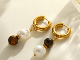 Γυναικεία Σκουλαρίκια Κρίκοι Gaia Tiger Stone & Pearl Collection από Ανοξείδωτο Ατσάλι