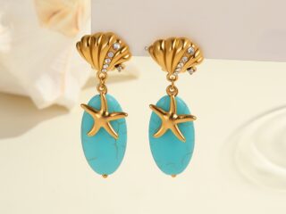 Γυναικεία Σκουλαρίκια Riviera Turquoise Starfish Drops από Ανοξείδωτο Ατσάλι Επιχρυσωμένα 18Κ