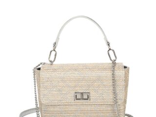 Γυναικεία Τσάντα Raffia Ώμου Μπεζ Silver με Ασημί Αλυσίδα Λουράκι