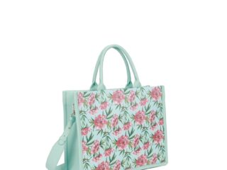 Γυναικεία Καλοκαιρινή Τσάντα Ώμου Γαλάζια Shopper Bag με Ροζ Floral Σχέδιο με Μικρές Παγιέτες